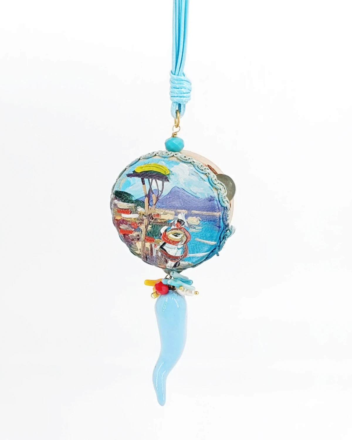 Collana con tamburello Pulcinella e Vesuvio