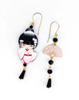 Orecchini di carta Kokeshi rosa e ventaglio