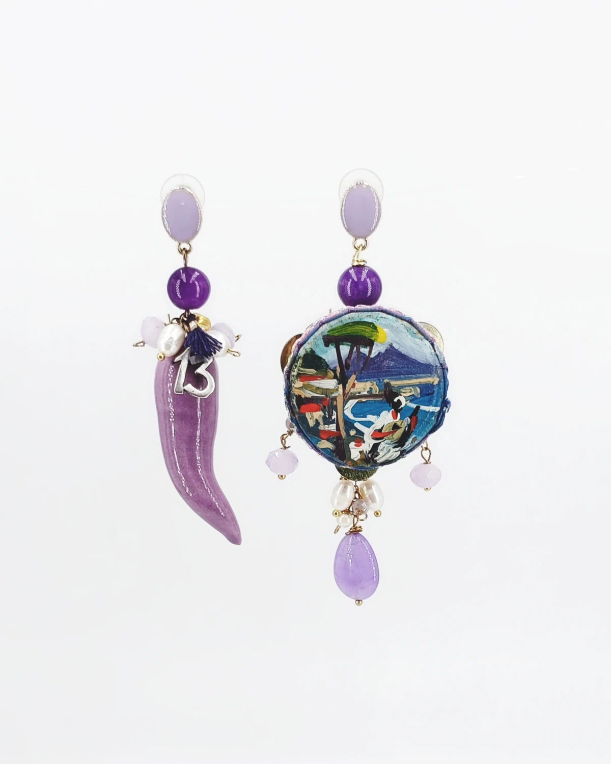 Orecchini tamburello Pulcinella e Vesuvio e numero 13