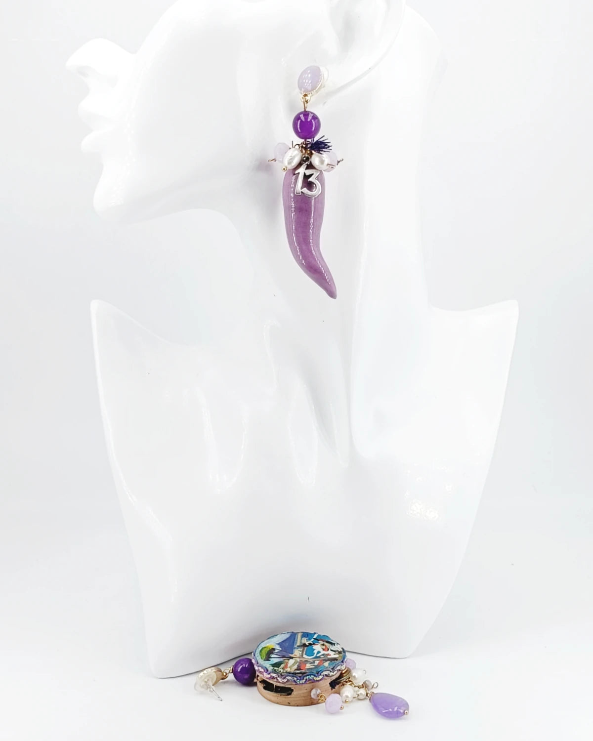 Orecchini tamburello a lobo Pulcinella e Vesuvio