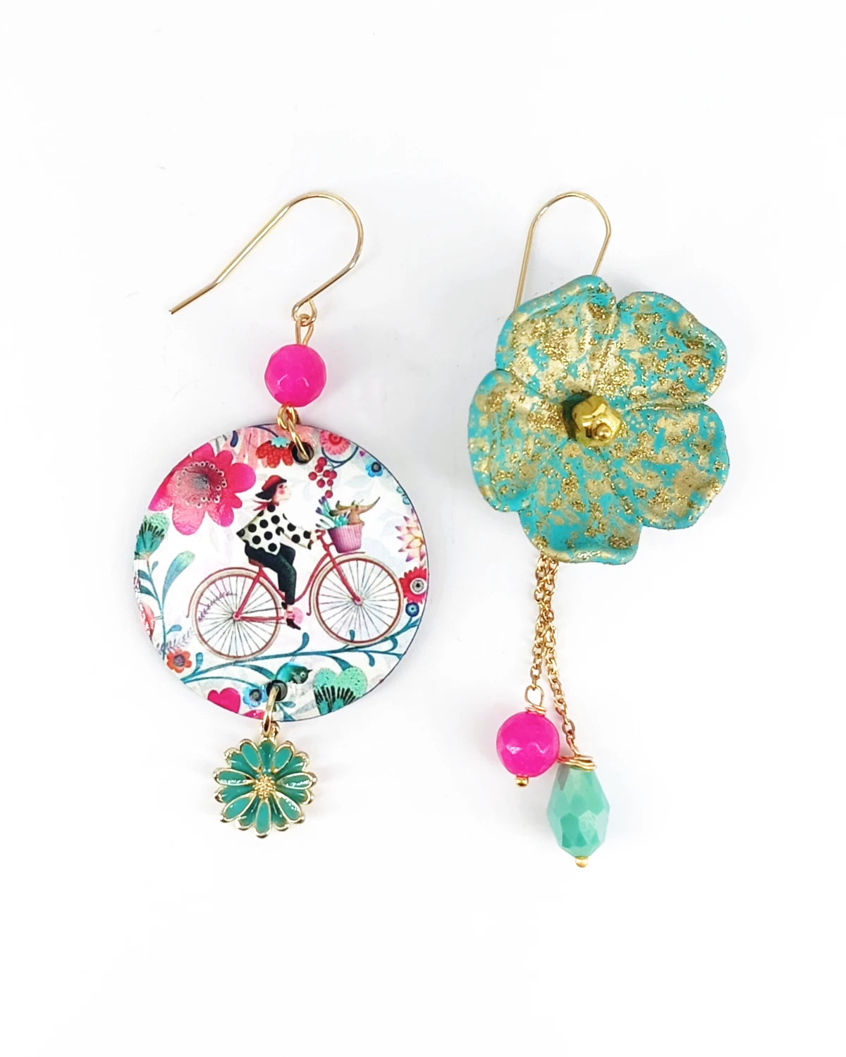 Orecchini di carta Donna in bicicletta e fiori