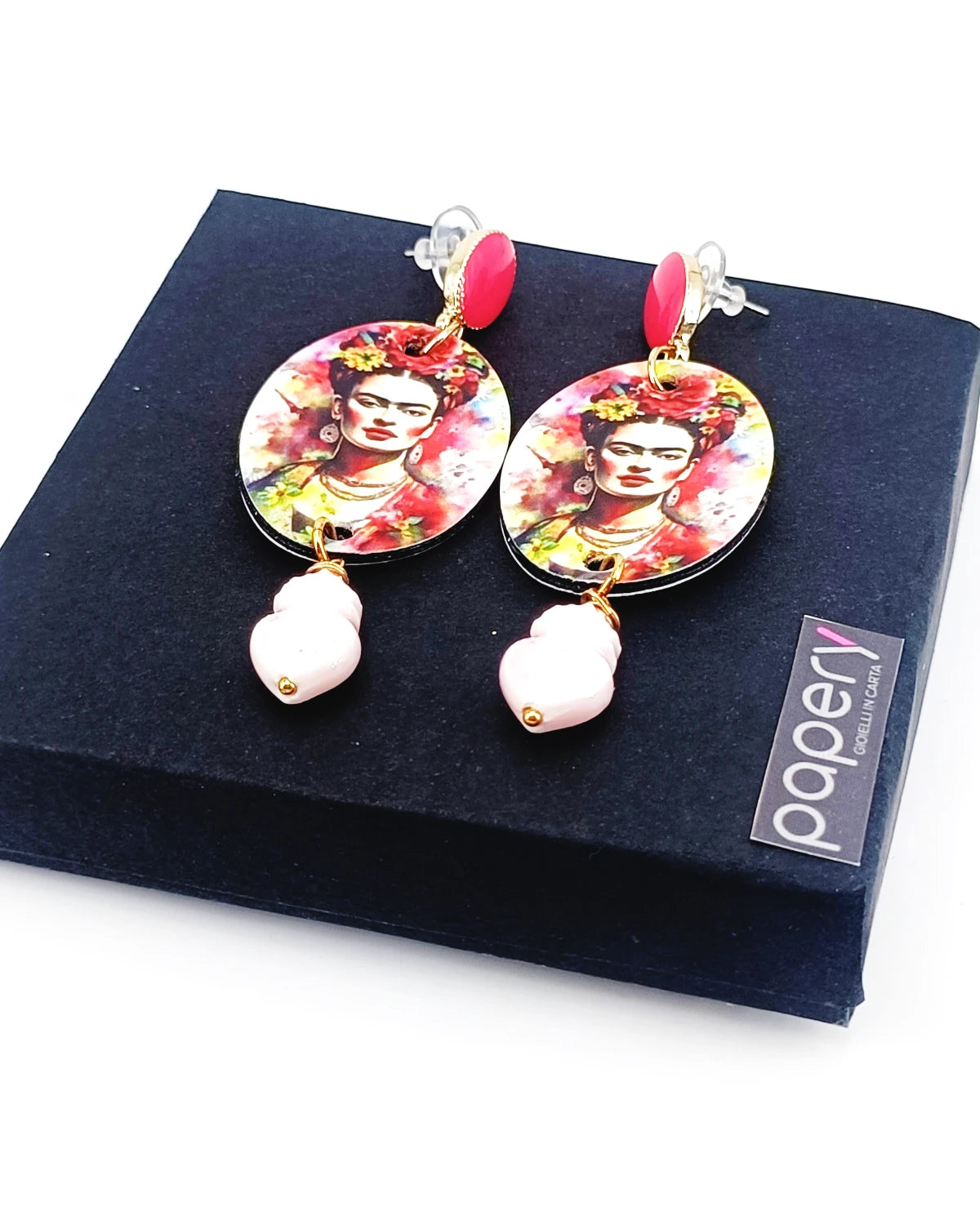 Orecchini di carta a lobo Frida Kahlo su scatola