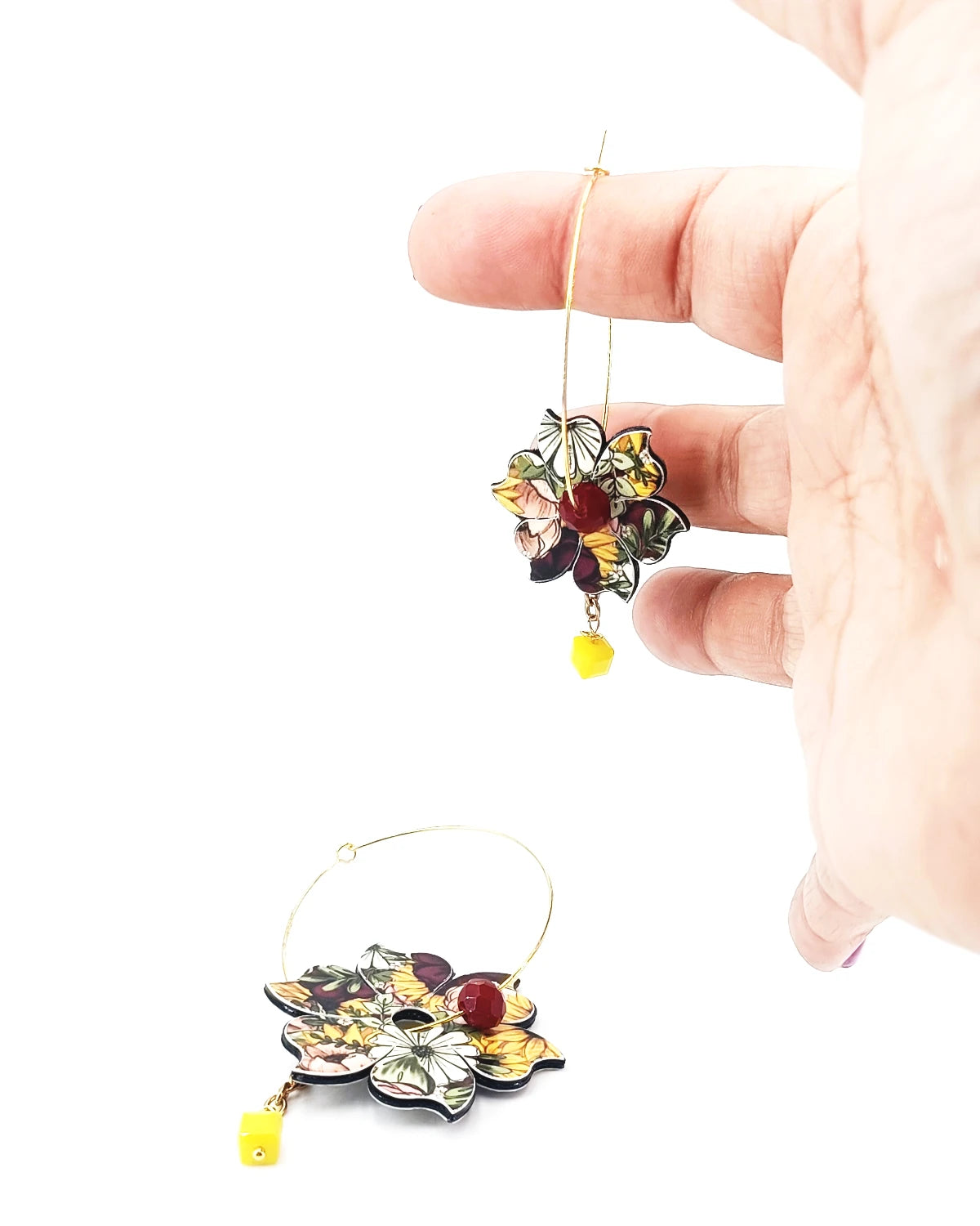 Orecchini di carta Fiori bordeaux e gialli